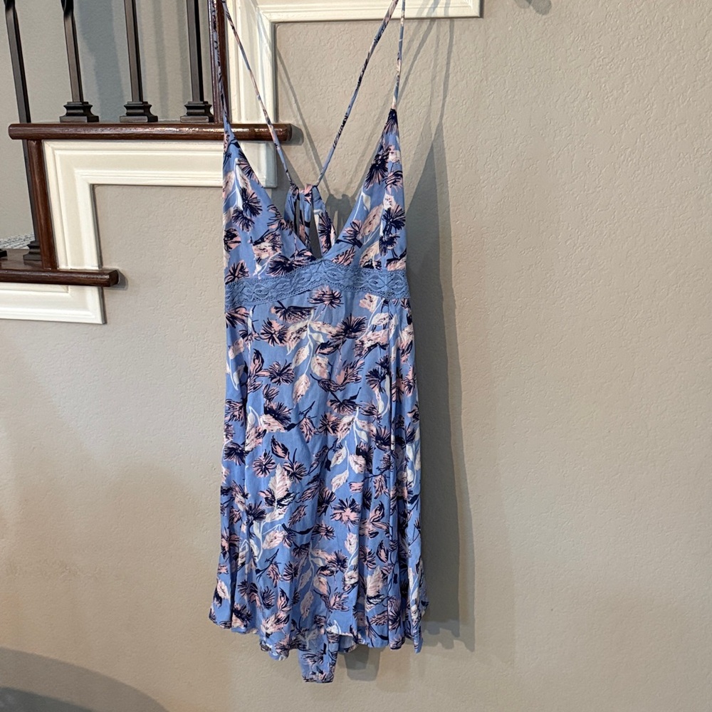 Cotton Candy Blue Floral Slip Dress with Lace Trim